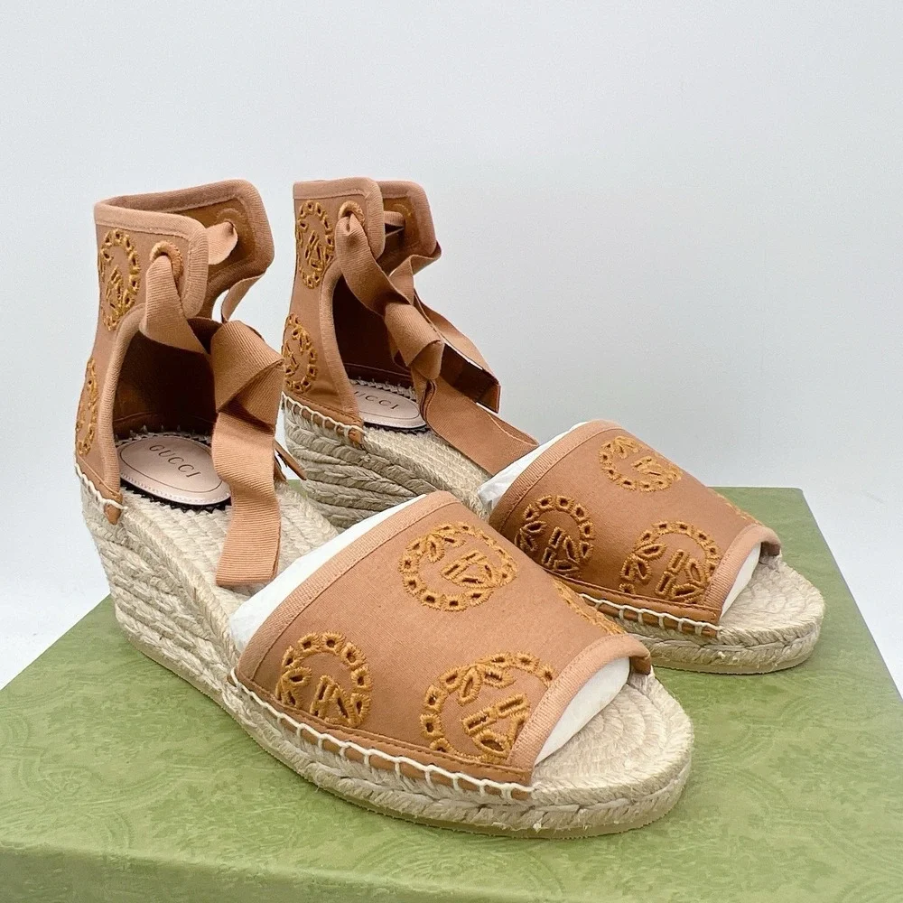 Gucci GG Damita Espadrille Wedge Sandal Eyelet Canvas Cognac Brown 36.5 US 6.5